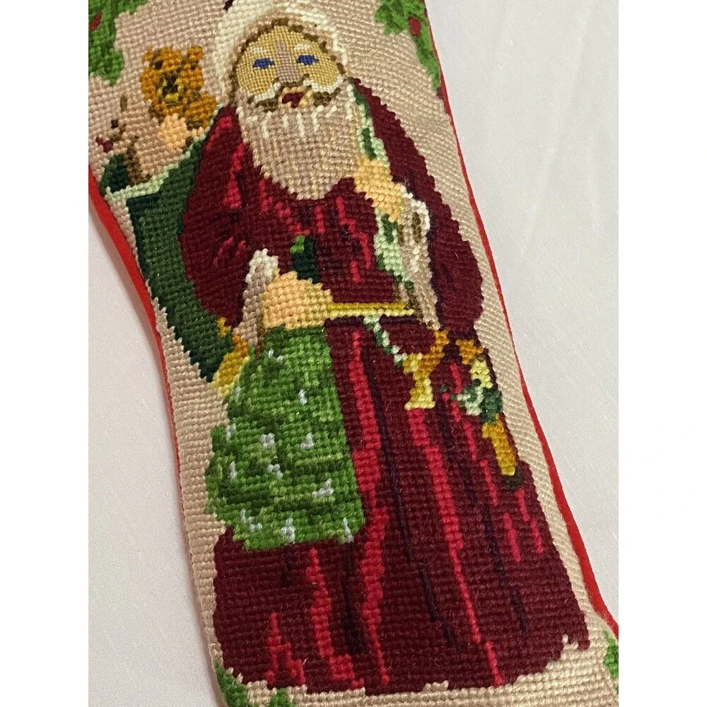 Vintage Wool Needlepoint Christmas Stocking Santa With Toys